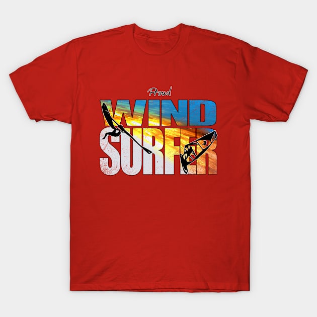 Proud Windsurfer Jumping Sunset Colors over Ocean Waves T-Shirt by French Salsa